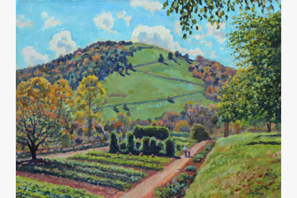 "Monticello Garden" 12x16" oil - available- #1630 A fine perspective above the Monticello gardens on a sunny day in autumn.